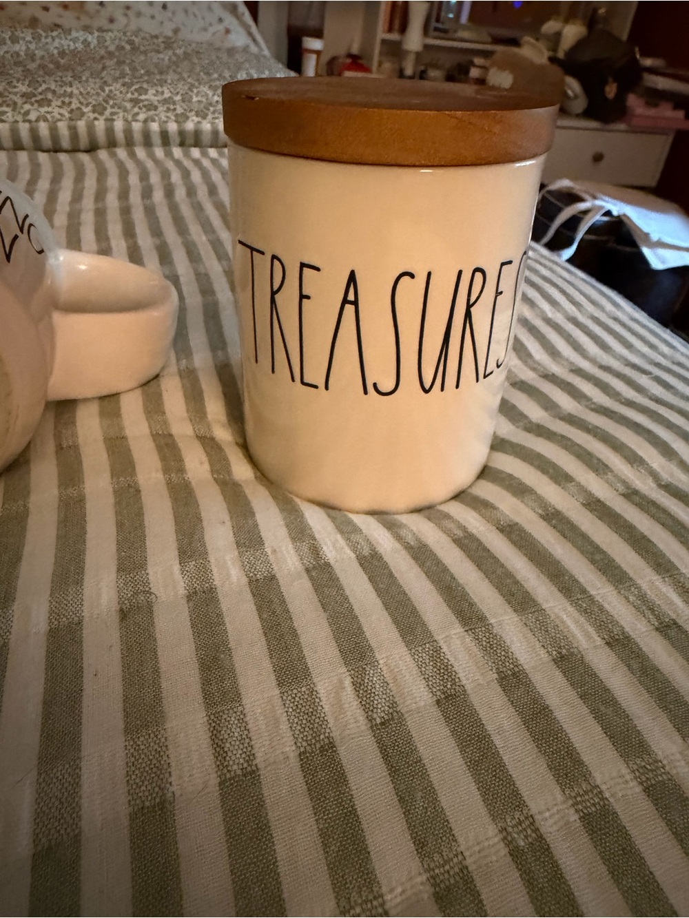 Rae Dunn Cream Ceramic 'TREASURES' Jar with Wood Lid